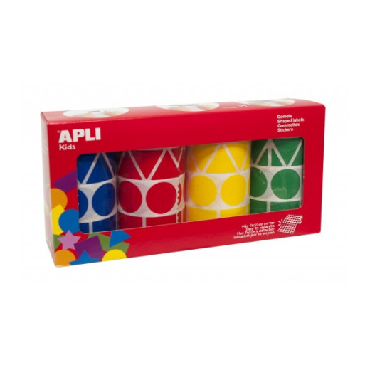 Apli Pack con 4 Rollos de Gomets Geometricos XL - 1357 Gomets por Rollo - Adhesivo Permanente - 5.428 Gomets en Total - Ideales para Escuelas Infantiles - Colores Azul