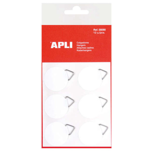 Apli Pack de 12 Colgadores Autoadhesivos Redondos Ø 30mm - Triangulo Metalico de Soporte - Base Adhesiva Blanca - Gran Resistencia - Ideal para Fotos