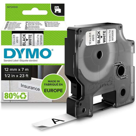 Dymo D1 45013 Cinta de Etiquetas Original para Rotuladora - Texto negro sobre fondo blanco - Ancho 12mm x 7 metros - S0720530 Dymo D1 45013 Cinta de Etiquetas Original para Rotuladora - Texto negro sobre fondo blanco - Ancho 12mm x 7 metros - S0720530