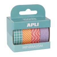 Apli Minimalism Pack con 4 Cintas Adhesivas de Papel Washi 15mmx10m - 4 Diseños Diferentes - Decoracion y Manualidades