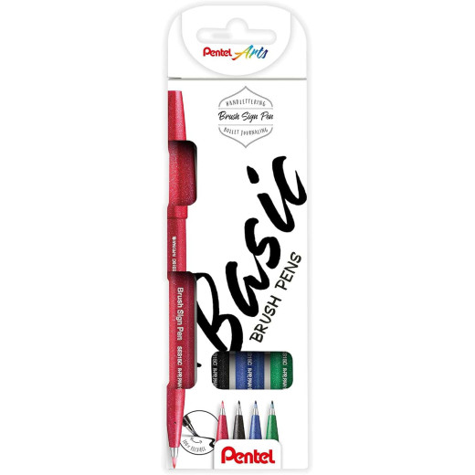Pentel Brush Sing Pen Basic Pack de 4 Rotuladores con Punta de Pincel - Lineas Finas o Gruesas dependiendo de la Presion - Fabricados con 81% de Plasticos Recicldos - Colores Negro