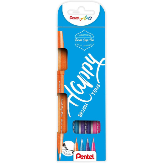 Pentel Brush Sing Pen Happy Pack de 4 Rotuladores con Punta de Pincel - Lineas Finas o Gruesas dependiendo de la Presion - Fabricados con 81% de Plasticos Recicldos - Colores Azul Cielo