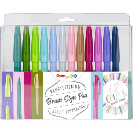 Pentel Brush Sing Pen Pack de 12 Rotuladores con Punta de Pincel - Lineas Finas o Gruesas dependiendo de la Presion - Fabricados con 81% de Plasticos Recicldos - Colores Pastel Surtidos