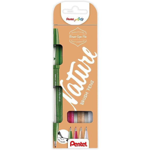 Pentel Brush Sing Pen Nature Pack de 4 Rotuladores con Punta de Pincel - Lineas Finas o Gruesas dependiendo de la Presion - Fabricados con 81% de Plasticos Recicldos - Colores Verde Oliva