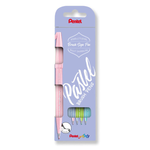 Pentel Brush Sing Pen Pastel Pack de 4 Rotuladores con Punta de Pincel - Lineas Finas o Gruesas dependiendo de la Presion - Fabricados con 81% de Plasticos Recicldos - Colores Azul Grisaceo