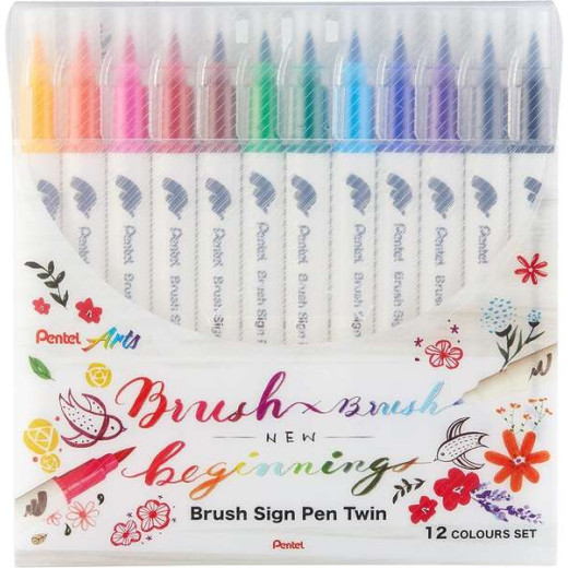 Pentel Brush Sing Pen Twin Pack de 12 Rotuladores con Doble Punta de Pincel Flexible - Punta Ancha 1-4mm