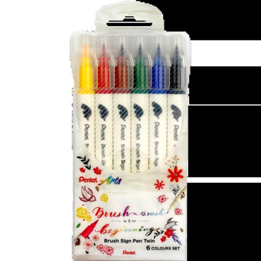 Pentel Brush Sing Pen Twin Pack de 6 Rotuladores con Doble Punta de Pincel Flexible - Punta Ancha 1-4mm