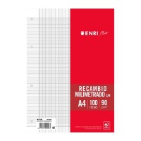 Enri Plus Recambio A4 100 Hojas con Margen Milimetrado - Papel de 90gr - 4 Taladros