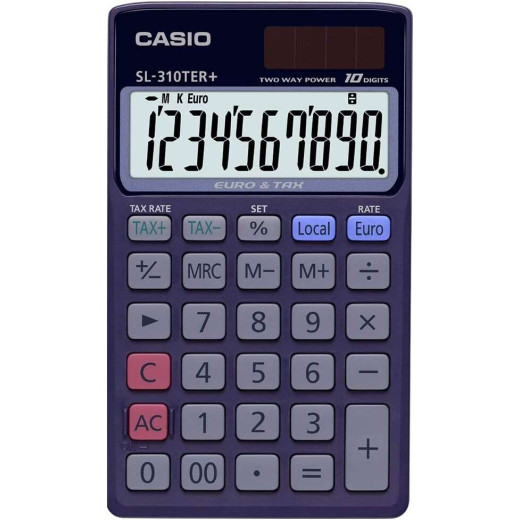 Casio SL-310TER+ Calculadora de Bolsillo - Pantalla LC Extragrande de 10 Digitos - Funcion Conversor de Euros - Color Azul Oscuro