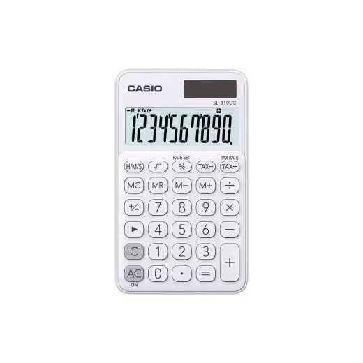 Casio SL-310UC Calculadora de Bolsillo con Pantalla LCD de 10 Digitos - Calculo de Impuestos - Alimentacion Solar y Pilas - Compacta y Ligera - Color Blanco
