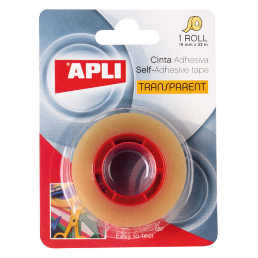 Apli Cinta Adhesiva Transparente 19mm x 33m - Resistente al Agua y a la Humedad - Facil de Cortar con las Manos - Ideal para Uso en Oficina y Hogar Transparente