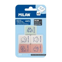 Milan 445 Pack de 5 Gomas de Borrar Rectangulares - Miga de Pan - Suave Caucho Sintetico - Dibujos Infantiles - Colores Surtidos