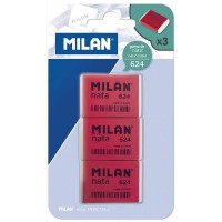 Milan Nata 624 Pack de 3 Gomas de Borrar Rectangulares - Plastico - Suave - No Abrasiva - Color Rojo/Blanco