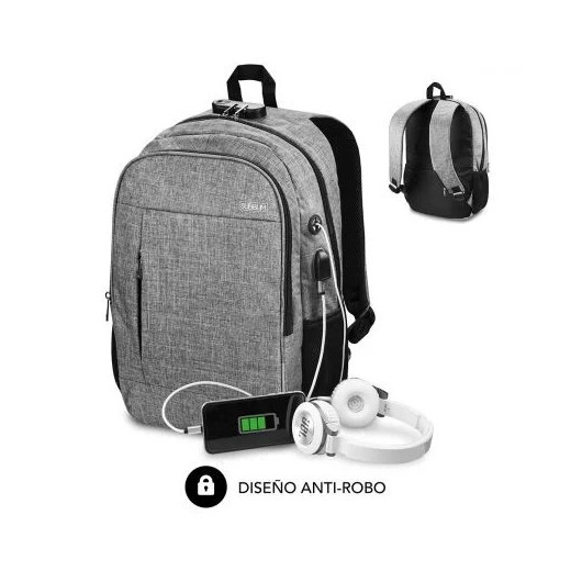 Subblim Mochila Urban Lock System - para Portatiles de hasta 16" - Bloqueo Antirrobo - Correas Ergonomicas - Espalda con Sistema Airflow - Doble Cremallera - Bolsillos Laterales de Malla - Puerto USB - Salida de Auriculares - Color Gris