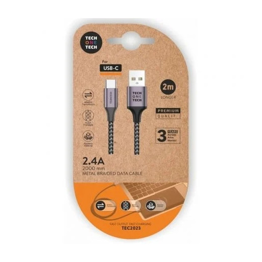 TechOneTech Cable USB-A Macho a USB-C Macho 2m - Recubierto de Nylon Trenzado