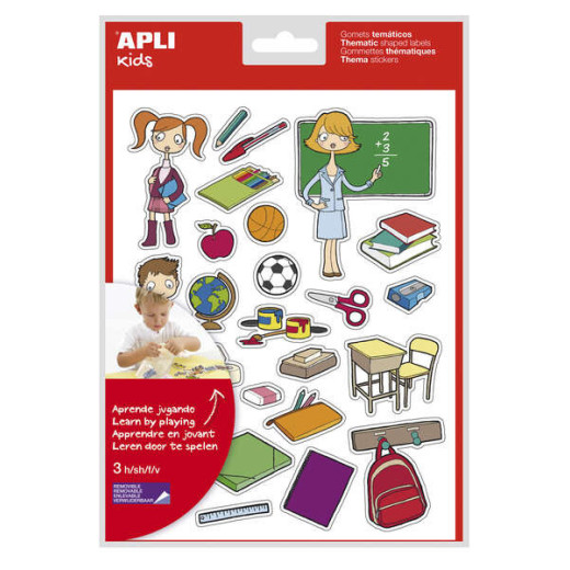 Apli Bolsa de Gomets Tematicos la Escuela - 78 Gomets en 3 Hojas - Adhesivo Removible - Ilustraciones Educativas - Adhesivo Base Agua - Libre de Disolventes - Colorido