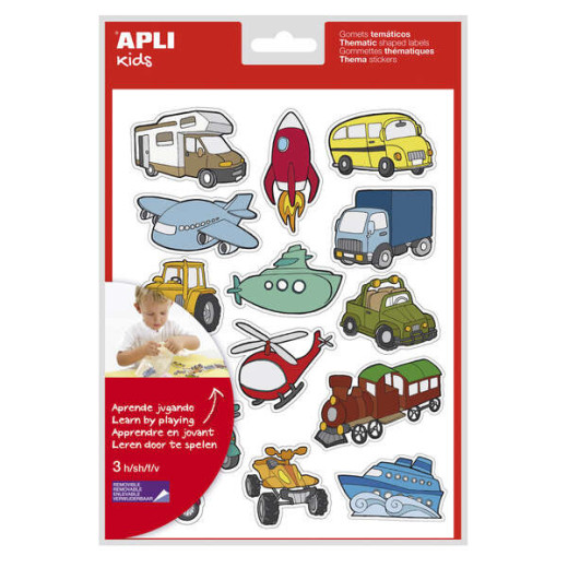 Apli Bolsa de Gomets Tematicos Transportes - 45 Gomets en 3 Hojas - Ilustraciones Divertidas para Enriquecer Vocabulario y Habilidades Motoras - Adhesivo Removible - Adhesivo Base Agua - Libre de Disolventes - Colorido