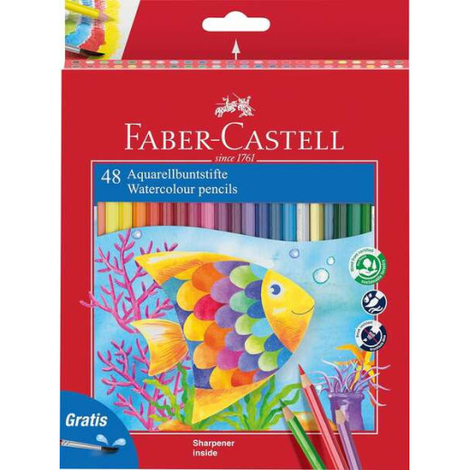 Faber-Castell Classic Colour Acuarelable Pack de 48 Lapices de Colores Hexagonales Acuarelables + Pincel - Resistencia a la Rotura - Colores Surtidos