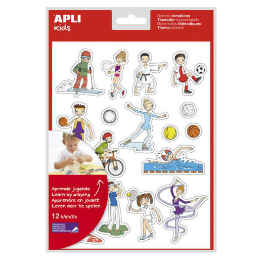 Apli Bolsa de Gomets Tematicos Deportes - 204 Gomets en 12 Hojas - Ilustraciones Divertidas para Enriquecer Vocabulario y Habilidades Motoras - Adhesivo Removible - Adhesivo Base Agua - Libre de Disolventes - Colorido