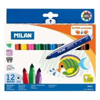 Milan Pack de 12 Rotuladores Super Lavables Maxi - Punta Conica 7.5mm - Tinta al Agua - Lavable - Colores Surtidos