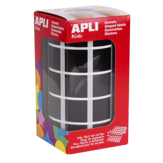 Apli Gomets Cuadrados Negros 20x20mm - 59 Hojas Pretroqueladas - 1770 Gomets por Rollo - Ideal para Desarrollar Habilidades y Capacidades en Niños - Cumple con Normas de Calidad y Seguridad