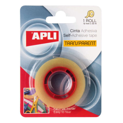 Apli Cinta Adhesiva Transparente 12mm x 33m - Resistente al Agua y a la Intemperie - Facil de Cortar y Aplicar - Ideal para Manualidades y Embalaje Transparente