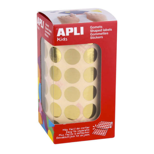 Apli Gomets Redondos Oro Metalizado - Ø 15mm - 2832 Gomets por Rollo - Adhesivo Permanente - Ideal para Escuelas y Talleres Infantiles