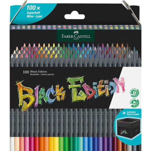 Faber-Castell Black Edition Pack de 100 Lapices de Colores - Mina Supersuave - Madera Negra - Ideales para Dibujo sobre Papel Claro