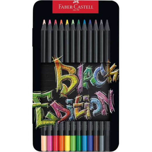 Faber-Castell Black Edition Caja Metalica de 12 Lapices de Colores - Mina Supersuave - Madera Negra - Ideales para Dibujo sobre Papel Claro