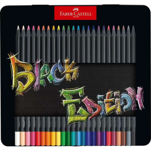 Faber-Castell Black Edition Caja Metalica de 24 Lapices de Colores - Mina Supersuave - Madera Negra - Ideales para Dibujo sobre Papel Claro