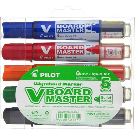 Pilot V-Board Master Begreen Pack de 5 Rotuladores para Pizarra Blanca - Punta Redonda 6mm - Trazo 2.3mm - 91% Plastico Reciclado - Recargable - Colores Surtidos