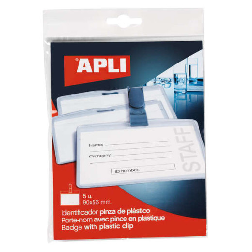 Apli Identificador con Pinza de Plastico para Tarjetas de Visita - Tamaño 90 x 56mm - Ideal para Ferias y Convenciones - Uso en Hospitales