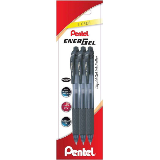 Pentel EnerGel X Pack de 3 Boligrafos de Bola Retractiles Tinta Gel - Punta 0.7mm - Trazo 0.35mm - Recargable - Grip de Agarre - 50% de Materiales Reciclados - Color Negro