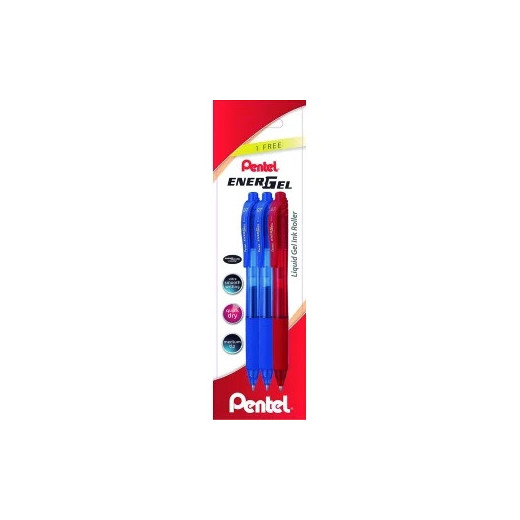 Pentel EnerGel X Pack de 3 Boligrafos de Bola Retractiles Tinta Gel - Punta 0.7mm - Trazo 0.35mm - Recargable - Grip de Agarre - 50% de Materiales Reciclados - Color 2x Azul y 1x Rojo