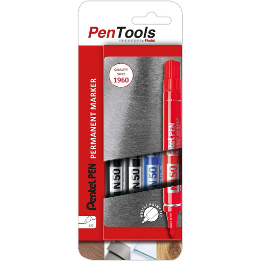 Pentel PenTools Pack de 4 Rotuladores Permanentes Industriales Pentel Pen N50 - Punta Conica Resistente y Duradera - Trazo 2mm - Resistente a Agua y Luz - Colores 2x Negro