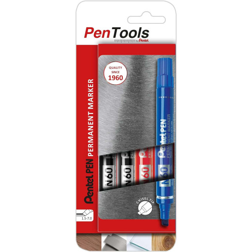 Pentel PenTools Pack de 4 Rotuladores Permanentes Industriales Pentel Pen N60 - Punta Biselada Resistente y Duradera - Trazo 1