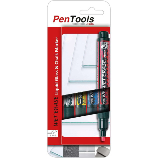 Pentel PenTools Pack de 4 Rotuladores de Tiza Liquida Wet Erase - Punta Biselada Reversible 2-4mm - Resistente a la Intemperie sobre Vidrio - Colores Blanco