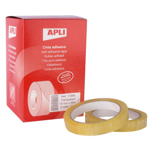 Apli Cinta Adhesiva Transparente 15mm x 66m - Resistente al Agua y a la Intemperie - Facil de Cortar con las Manos - Ideal para Manualidades y Embalaje Transparente