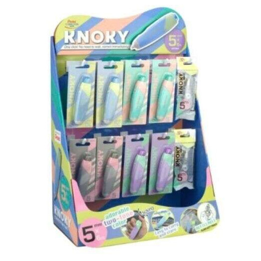 Pentel Knoky Expositor de 48 Cintas Correctoras 5mm x 6m + 12 Recambios - Mecanismo de Presion - Forma Ergonomica - Recargable - Colores Surtidos