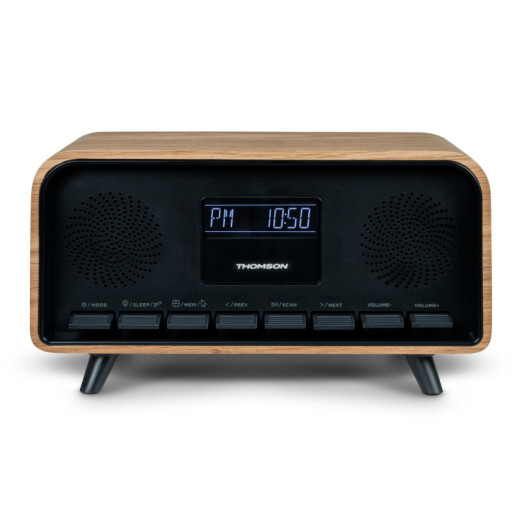 Thomson RT850BT Altavoz Retro Bluetooh - Radio Reloj Despertador - Potencia musical 30W - Color Madera/Negro