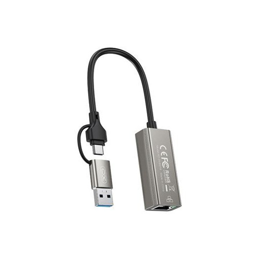 XO HUB018 Adaptador de Red RJ45 a USB 3.0 y USB-C - Color Plata