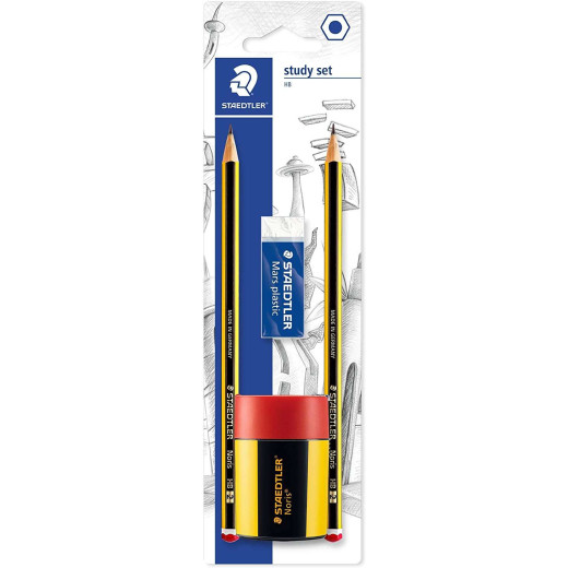 Staedtler 120 Pack de 2 Lapices de Grafito 2HB Hexagonales + 1 Sacapuntas con Deposito + 1 Goma de Borrar Mars Plastic - Madera de Bosques Sostenibles - Resistencia a la Rotura