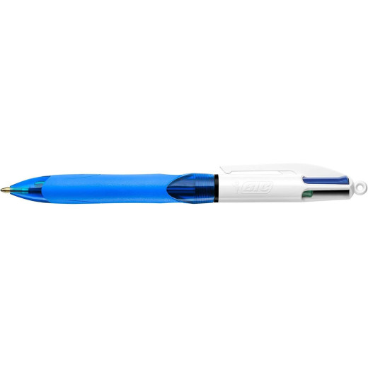 Bic 4 Colours Grip Boligrafo de Bola Retractil con Grip - Punta Media de 1mm - Trazo de 0.4mm - Tinta con Base de Aceite - Cuerpo Blanco/Azul Transparente - 4 Colores