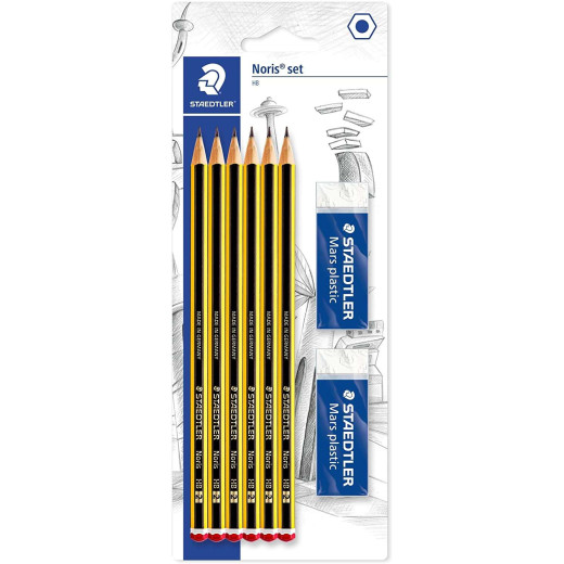 Staedtler Noris 120 Pack de 6 Lapices de Grafito Hexagonales 2HB + 2 Gomas de Borrar Mars Plastic - Madera de Bosques Sostenibles