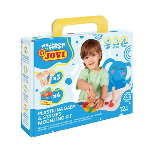 Jovi My First Plastilina Kit de Modelaje con 4 Pastillas de Plastilina 38gr + 3 Estampadores de Madera - Super Blanda - Estimula Creatividad y Sensibilidad Tactil - Fortalece Musculos de Manos y Dedos - Colores Surtidos