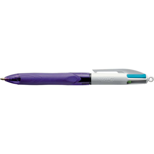 Bic 4 Colours Grip Fashion Boligrafo de Bola Retractil con Grip - Punta Media de 1mm - Trazo de 0.4mm - Tinta con Base de Aceite - Cuerpo Blanco/Morado Transparente - 4 Colores