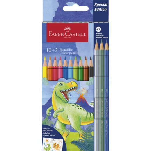 Faber-Castell Edicion Dinosaurios Pack de 13 Lapices de Colores Hexagonales - 10 Colores Clasicos + 3 Colores Metalizados - Incluye Pegatinas de Dinosaurios - Resistencia a la Rotura - Colores Surtidos