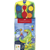 Faber-Castell Connector Dinosaurio Pack de 12 Acuarelas en Pastilla + Pintura Blanca Opaca + Pegatinas - Gran Opacidad - Facilmente Mezclables - Colores Surtidos