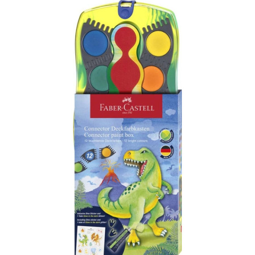 Faber-Castell Connector Dinosaurio Pack de 12 Acuarelas en Pastilla + Pintura Blanca Opaca + Pegatinas - Gran Opacidad - Facilmente Mezclables - Colores Surtidos