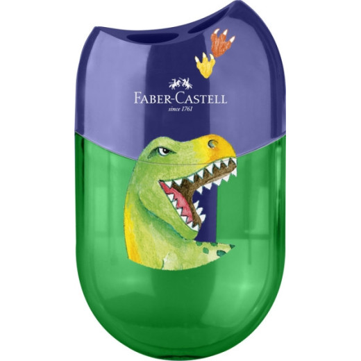 Faber-Castell Dinosaurio Sacapuntas de 2 Orificios con Deposito - Diseño Atractivo de Dinosaurio - Color Verde/Azul